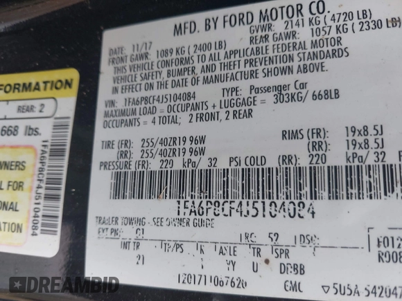 2018 Ford Mustang GT with VIN 1FA6P8CF4J5104084, listed as a IAAI auction lot 42155933 with Not provided miles and . Bid and sale history available at DreamBid. Image 9.