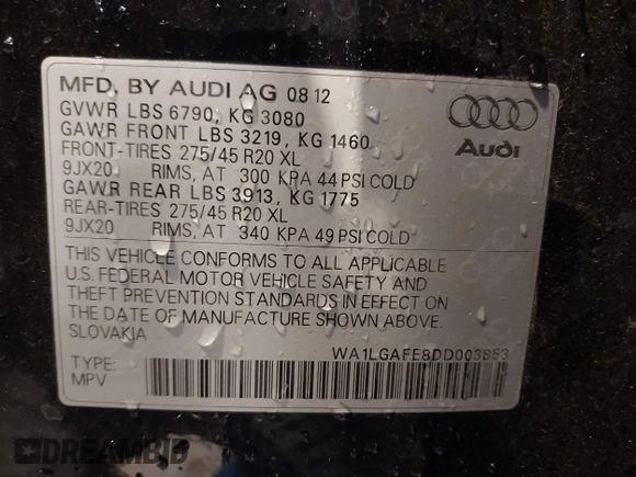 2013 Audi Q7 3.0T Premium Plus with VIN WA1LGAFE8DD003853, listed as a IAAI auction lot 40675011 with 104,517 mi miles. Bid and sale history available at carsss.com. Image 9.