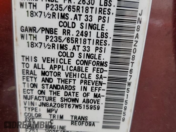 2007 Nissan Murano SL z VIN JN8AZ08T67W515959, wystawiony jako Copart lot #51770265 z przebiegiem 167 154 mil mil oraz Szkoda całkowita • Salvage title. Historia ofert i sprzedaży dostępna na DreamBid. Obrazek 13.