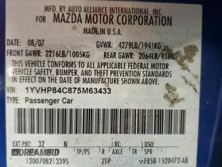 2007 Mazda 6 i Sport VE with VIN 1YVHP84C875M63433, listed as a Copart auction lot 52194875 with 151,030 mi miles and Salvage Title. Bid and sale history available at DreamBid. Image 12.