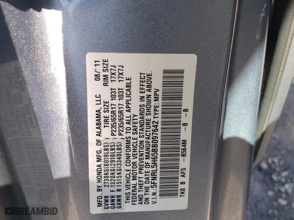 2011 Honda Odyssey EX-L with VIN 5FNRL5H65BB097642, listed as a Copart auction lot 51408045 with 314,944 mi miles and Salvage Title. Bid and sale history available at carsss.com. Image 15.