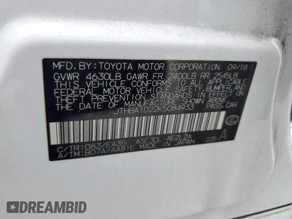 2019 Lexus IS 300 with VIN JTHBA1D22K5084933, listed as a Copart auction lot 58530675 with 56,608 mi miles and Salvage title. Bid and sale history available at DreamBid. Image 12.