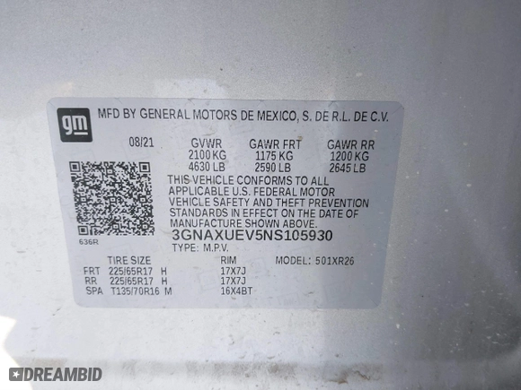 2022 Chevrolet Equinox LT with VIN 3GNAXUEV5NS105930, listed as a IAAI auction lot 41539887 with 46,506 mi miles. Bid and sale history available at carsss.com. Image 9.