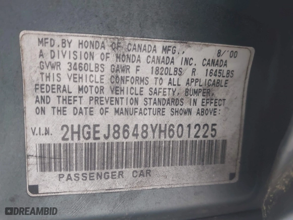 2000 Honda Civic EX with VIN 2HGEJ8648YH601225, listed as a IAAI auction lot 41945291 with 112,853 mi miles. Bid and sale history available at carsss.com. Image 9.