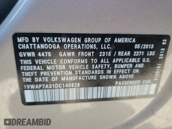 2013 Volkswagen Passat S z VIN 1VWAP7A31DC140626, wystawiony jako Copart lot #89140965 z przebiegiem 17 328 mil mil oraz Szkoda całkowita • Salvage title. Historia ofert i sprzedaży dostępna na DreamBid. Obrazek 12.