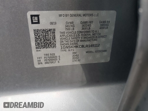 2020 Chevrolet Suburban LT with VIN 1GNSKHKC8LR149112, listed as a Copart auction lot 64085105 with 110,445 mi miles and Salvage title. Bid and sale history available at DreamBid. Image 13.