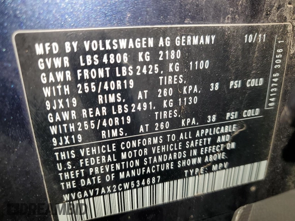 2012 Volkswagen Tiguan SEL with VIN WVGAV7AX2CW534687, listed as a Copart auction lot 53040945 with 153,979 mi miles and Salvage Title. Bid and sale history available at DreamBid. Image 15.