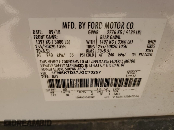 2018 Ford Explorer XLT z VIN 1FM5K7D87JGC70257, wystawiony jako Copart lot #54946765 z przebiegiem 80 706 mil mil oraz Szkoda całkowita • Salvage title. Historia ofert i sprzedaży dostępna na DreamBid. Obrazek 14.