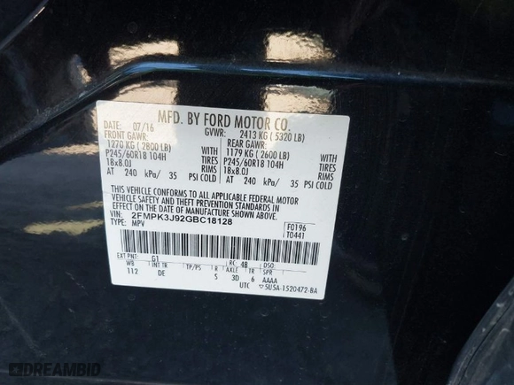 2016 Ford Edge SEL with VIN 2FMPK3J92GBC18128, listed as a IAAI auction lot 40900818 with 161,936 mi miles. Bid and sale history available at carsss.com. Image 9.