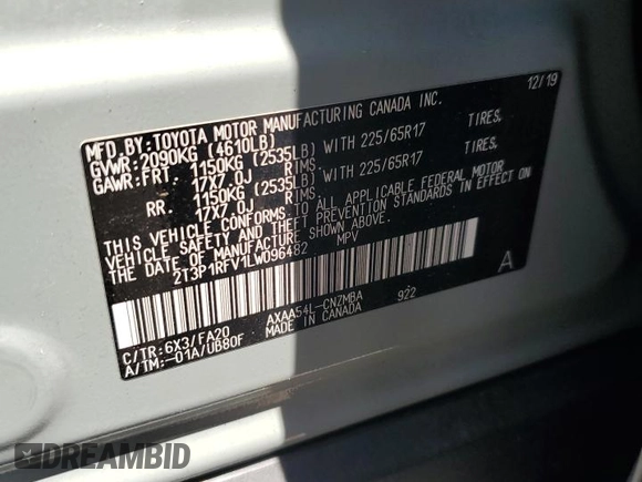 2020 Toyota RAV4 XLE with VIN 2T3P1RFV1LW096482, listed as a Copart auction lot 61797065 with 47,406 mi miles and Salvage title. Bid and sale history available at DreamBid. Image 13.