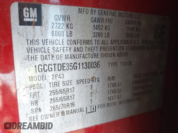2016 Chevrolet Colorado 4WD Z71 with VIN 1GCGTDE35G1130036, listed as a IAAI auction lot 41523283 with 145,550 mi miles. Bid and sale history available at carsss.com. Image 9.