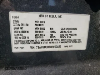 2024 Tesla Model Y с VIN 7SAYGDED1RF092027, выставлен на аукционе Copart как лот 62330775 с пробегом 22 010 миль миль и Списание • Salvage title. История ставок и продаж доступна на DreamBid. Изображение 12.