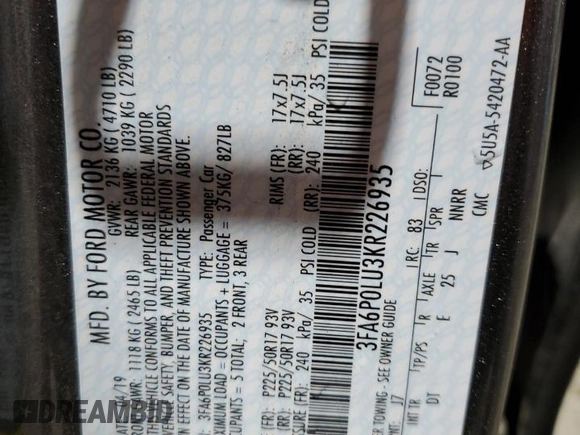 2019 Ford Fusion Hybrid SE with VIN 3FA6P0LU3KR226935, listed as a Copart auction lot 52020695 with 119,153 mi miles and Salvage Title. Bid and sale history available at carsss.com. Image 13.