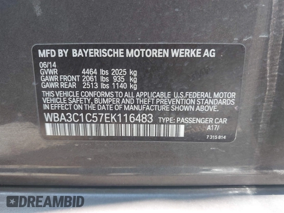 2014 BMW 3 Series 328i with VIN WBA3C1C57EK116483, listed as a IAAI auction lot 42697759 with 113,010 mi miles and . Bid and sale history available at DreamBid. Image 9.
