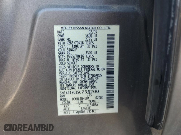 2005 Nissan Pathfinder LE with VIN 5N1AR18U35C736200, listed as a Copart auction lot 52215615 with 166,451 mi miles and Clean title. Bid and sale history available at DreamBid. Image 13.