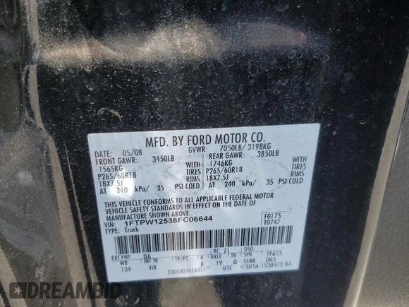 2008 Ford F-150 XLT with VIN 1FTPW12538FC06644, listed as a Copart auction lot 59061335 with 210,000 mi miles and Clean title. Bid and sale history available at DreamBid. Image 12.