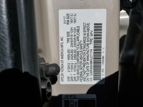 2017 Honda CR-V Touring with VIN 5J6RW2H98HL011174, listed as a Copart auction lot 51059335 with 78,600 mi miles and Salvage Title. Bid and sale history available at carsss.com. Image 13.