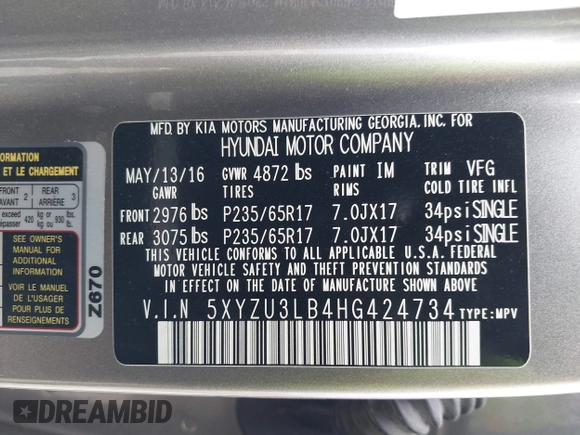 2017 Hyundai Santa Fe 2.4L with VIN 5XYZU3LB4HG424734, listed as a IAAI auction lot 41491166 with 130,905 mi miles and . Bid and sale history available at DreamBid. Image 9.