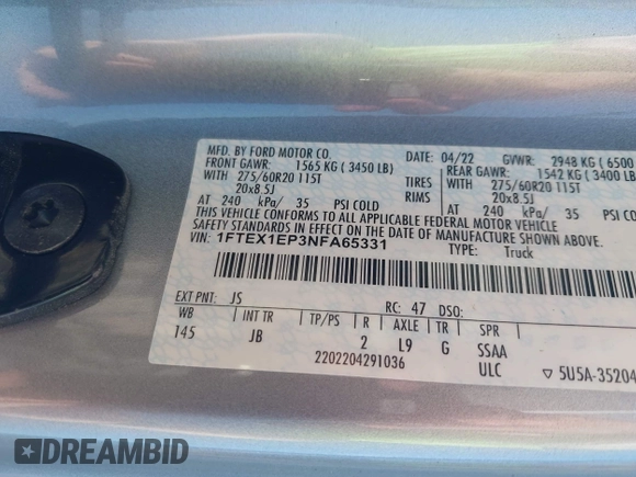 2022 Ford F-150 XL with VIN 1FTEX1EP3NFA65331, listed as a IAAI auction lot 42601392 with 21,187 mi miles and . Bid and sale history available at DreamBid. Image 9.