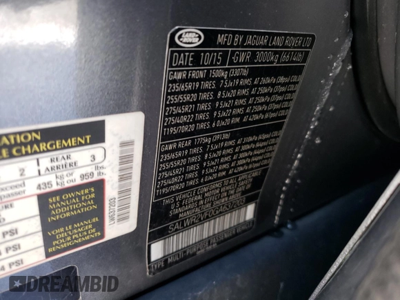 2016 Land Rover Range Rover Sport HSE with VIN SALWR2VF0GA637203, listed as a Copart auction lot 45845495 with 129,923 mi miles and Clean Title. Bid and sale history available at DreamBid. Image 14.