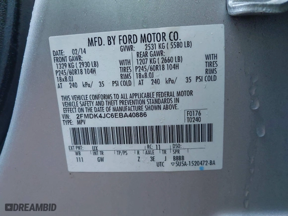 2014 Ford Edge SEL with VIN 2FMDK4JC6EBA40886, listed as a IAAI auction lot 41932949 with 170,773 mi miles. Bid and sale history available at carsss.com. Image 9.