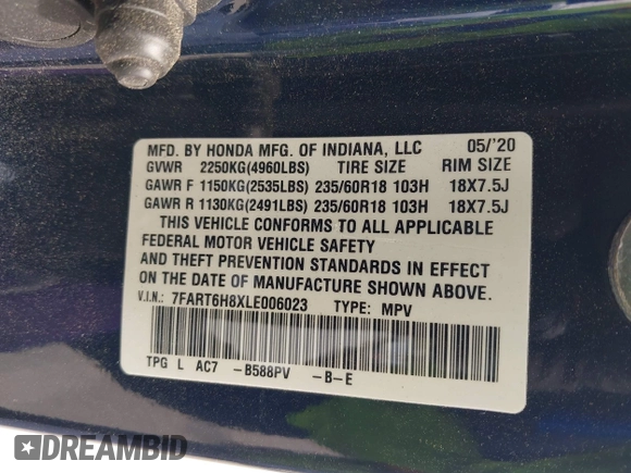 2020 Honda CR-V EX-L z VIN 7FART6H8XLE006023, wystawiony jako IAAI lot #41915468 z przebiegiem Nie podano mil oraz . Historia ofert i sprzedaży dostępna na DreamBid. Obrazek 9.