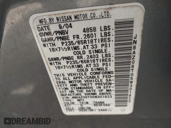 2005 Nissan Murano SE with VIN JN8AZ08T05W301823, listed as a IAAI auction lot 41956085 with 138,811 mi miles and . Bid and sale history available at DreamBid. Image 9.