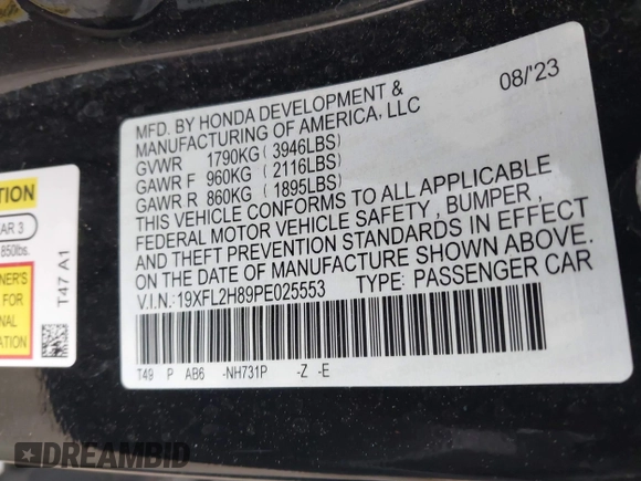 2023 Honda Civic Sport with VIN 19XFL2H89PE025553, listed as a IAAI auction lot 41859932 with 36,622 mi miles and . Bid and sale history available at DreamBid. Image 9.