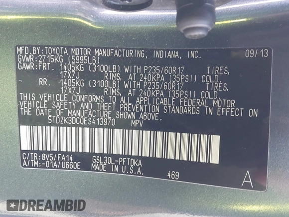 2014 Toyota Sienna L with VIN 5TDZK3DC0ES413970, listed as a IAAI auction lot 40870422 with 138,589 mi miles. Bid and sale history available at carsss.com. Image 9.