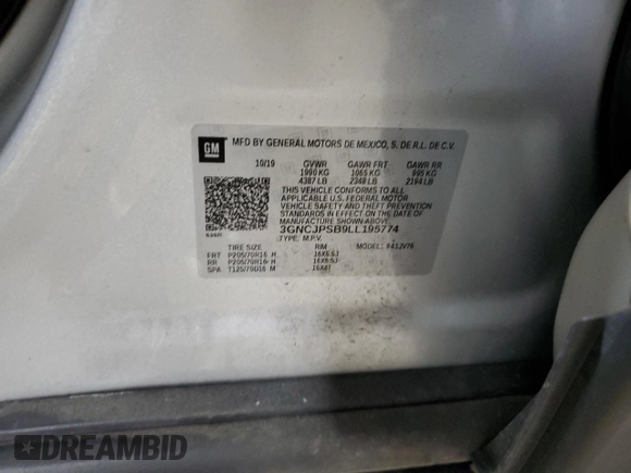 2020 Chevrolet Trax LT z VIN 3GNCJPSB9LL195774, wystawiony jako Copart lot #54203405 z przebiegiem 42 744 mil mil oraz Szkoda całkowita • Salvage title. Historia ofert i sprzedaży dostępna na DreamBid. Obrazek 12.