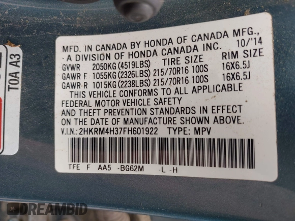 2015 Honda CR-V LX with VIN 2HKRM4H37FH601922, listed as a IAAI auction lot 42126743 with 165,764 mi miles and . Bid and sale history available at DreamBid. Image 9.