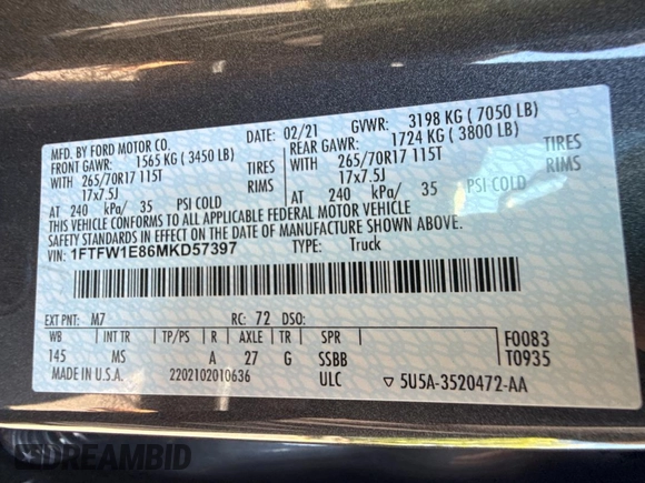 2021 Ford F-150 XL z VIN 1FTFW1E86MKD57397, wystawiony jako Copart lot #66716095 z przebiegiem 59 230 mil mil oraz Szkoda całkowita • Salvage title. Historia ofert i sprzedaży dostępna na DreamBid. Obrazek 10.