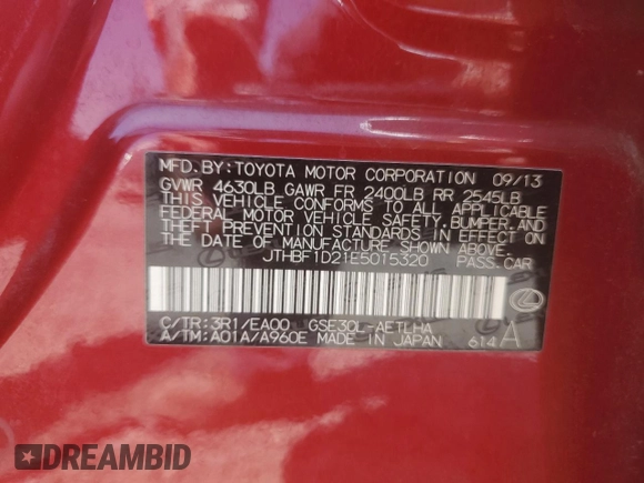2014 Lexus IS 250 z VIN JTHBF1D21E5015320, wystawiony jako Copart lot #63400775 z przebiegiem 123 462 mil mil oraz Szkoda całkowita • Salvage title. Historia ofert i sprzedaży dostępna na DreamBid. Obrazek 12.