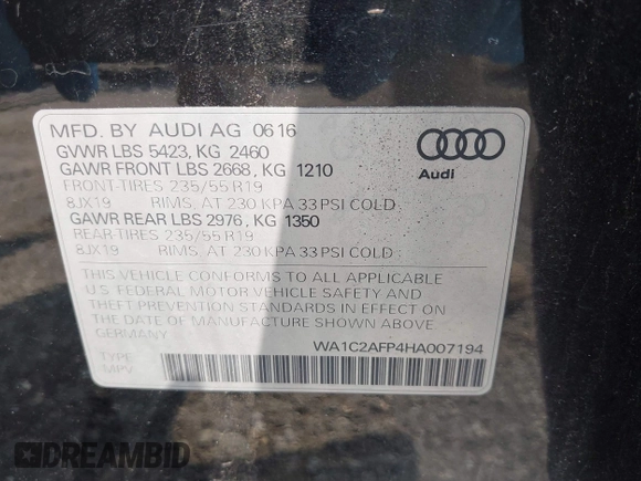 2017 Audi Q5 Premium with VIN WA1C2AFP4HA007194, listed as a IAAI auction lot 42415717 with 72,900 mi miles and . Bid and sale history available at DreamBid. Image 9.