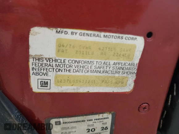 1976 Chevrolet Corvette with VIN 1Z37L6S431291, listed as a Copart auction lot 76202464 with Not provided miles and Salvage title. Bid and sale history available at DreamBid. Image 13.