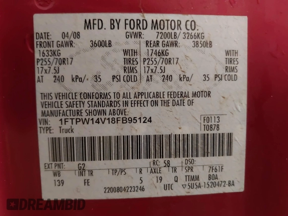 2008 Ford F-150 XLT with VIN 1FTPW14V18FB95124, listed as a IAAI auction lot 41419017 with 281,315 mi miles and . Bid and sale history available at DreamBid. Image 9.
