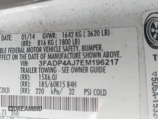 2014 Ford Fiesta S с VIN 3FADP4AJ7EM196217, выставлен на аукционе IAAI как лот 42263196 с пробегом Не указан миль и . История ставок и продаж доступна на DreamBid. Изображение 9.