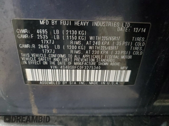2015 Subaru Outback Premium with VIN 4S4BSBFC0F3275340, listed as a Copart auction lot 61275785 with 176,471 mi miles and Clean title. Bid and sale history available at DreamBid. Image 13.