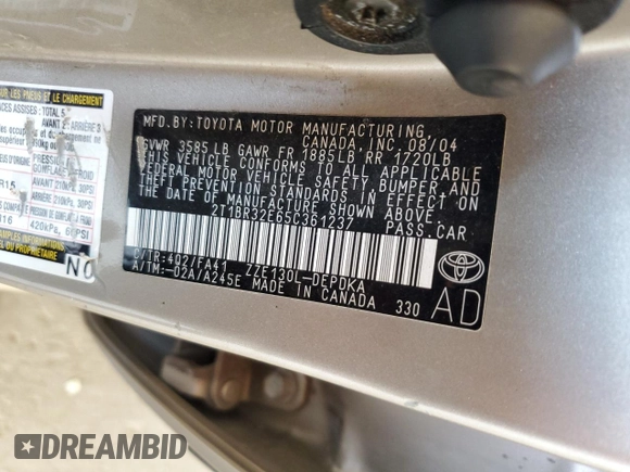 2005 Toyota Corolla CE с VIN 2T1BR32E65C361237, выставлен на аукционе Copart как лот 61846785 с пробегом 189 735 миль миль и Списание • Salvage title. История ставок и продаж доступна на DreamBid. Изображение 12.