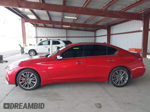 2018 Infiniti Q50 Red Sport 400 with VIN JN1FV7AR6JM481502, listed as a IAAI auction lot 41622523 with 74,097 mi miles and . Bid and sale history available at DreamBid. Image 14.