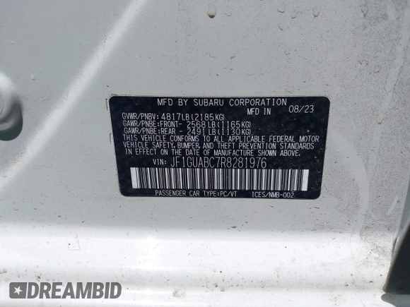 2024 Subaru Impreza with VIN JF1GUABC7R8281976, listed as a IAAI auction lot 41874284 with 43,178 mi miles and . Bid and sale history available at DreamBid. Image 9.