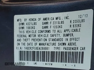 2014 Honda Accord Sport with VIN 1HGCR2F5XEA098961, listed as a IAAI auction lot 42006615 with 127,167 mi miles and . Bid and sale history available at DreamBid. Image 9.