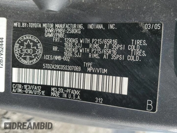 2005 Toyota Sienna with VIN 5TDZA29C05S307069, listed as a Copart auction lot 51495275 with 278,055 mi miles and Salvage Title. Bid and sale history available at DreamBid. Image 14.