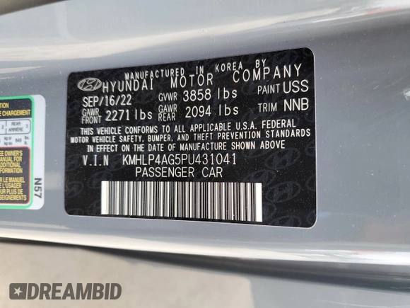 2023 Hyundai Elantra Limited z VIN KMHLP4AG5PU431041, wystawiony jako Copart lot #53947685 z przebiegiem 33 546 mil mil oraz Szkoda całkowita • Salvage title. Historia ofert i sprzedaży dostępna na DreamBid. Obrazek 13.