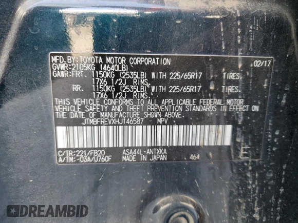 2017 Toyota RAV4 LE with VIN JTMBFREVXHJ146587, listed as a Copart auction lot 64794935 with 92,192 mi miles and Salvage title. Bid and sale history available at DreamBid. Image 12.