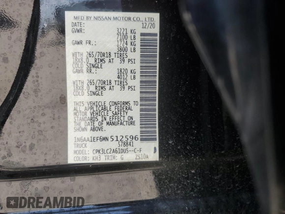 2021 Nissan Titan SV z VIN 1N6AA1EF6MN512596, wystawiony jako Copart lot #56140285 z przebiegiem 49 145 mil mil oraz Szkoda całkowita • Salvage title. Historia ofert i sprzedaży dostępna na DreamBid. Obrazek 13.