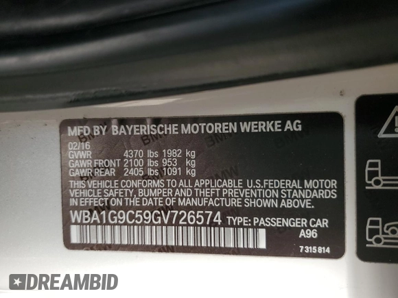 2016 BMW 2 Series 228i xDrive with VIN WBA1G9C59GV726574, listed as a Copart auction lot 44238955 with 95,829 mi miles and Salvage title. Bid and sale history available at DreamBid. Image 12.