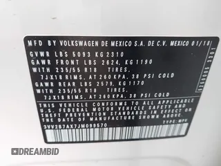 2018 Volkswagen Tiguan SEL with VIN 3VV2B7AX7JM099570, listed as a IAAI auction lot 42374274 with 87,838 mi miles and . Bid and sale history available at DreamBid. Image 9.