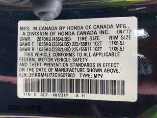 2012 Honda CR-V EX-L with VIN 2HKRM4H72CH607903, listed as a IAAI auction lot 41981042 with 203,584 mi miles. Bid and sale history available at carsss.com. Image 9.