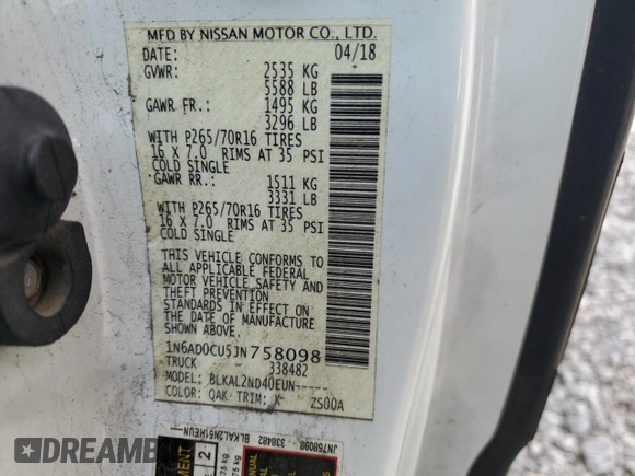 2018 Nissan Frontier SV with VIN 1N6AD0CU5JN758098, listed as a Copart auction lot 47826455 with Not provided miles and Salvage title. Bid and sale history available at DreamBid. Image 13.